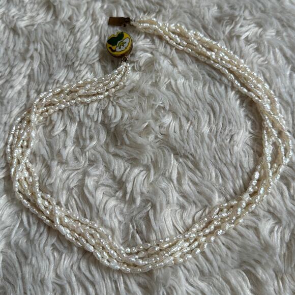 Vintage 6 Strand Freshwater Rice Irregular Pearl Necklace Cloisonne Closure - Picture 8 of 8